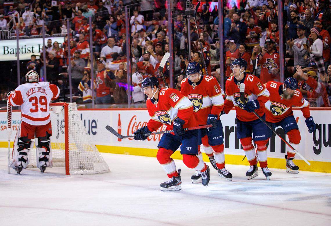 Florida Panthers center Noel Acciari (55) skate with teammate after scoring during the first period of an NHL game against the Detroit Red Wings at the FLA Live Arena on Thursday, April 21, 2022 in Sunrise, Fl.