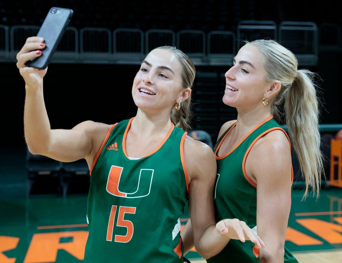 Miami Hurricanes women’s basketball players Haley Cavinder (14), Hanna Cavinder (15) have more than $1 million in endorsements and have been at the forefront of college sports Name, Image, Likeness movement. 