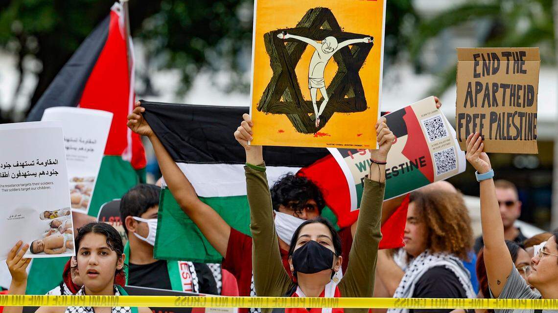 Pro-Palestinian protestors rally in support of Palestinians in Gaza during the conflict between Israel and Hamas at Bayfront Park in Miami on Friday, October 13, 2023.
