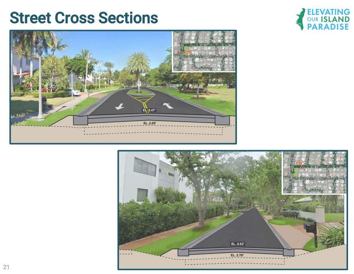 Renderings provided by AECOM show what road raising in the lowest-lying area of Key Biscayne could look like if an $88 million drainage and undergrounding project is completed.