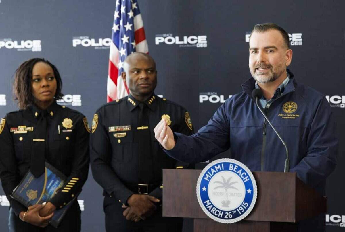 Commissioner Alex Fernandez talks about measures for dealing with spring break in Miami Beach during a press conference on Tuesday, Feb. 24, 2026, at Miami Beach Police Headquarters.