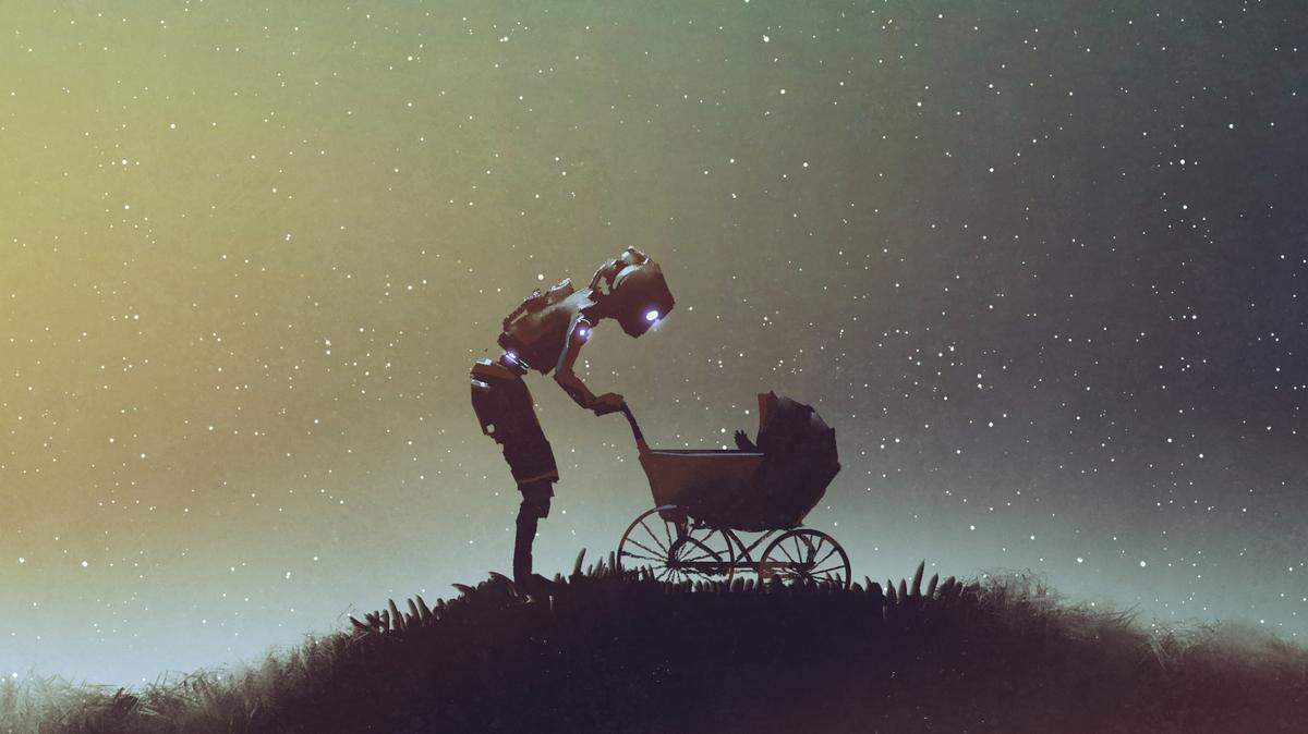 robot mother pushing baby in stroller