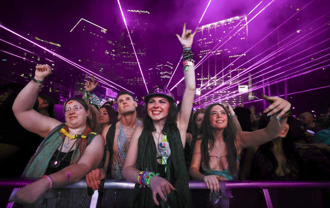 Mea Adams, at center, reacts with fellow EDM fans at the Main Stage during Ultra Music Festival in Miami, Florida, on Friday, March 27, 2026.