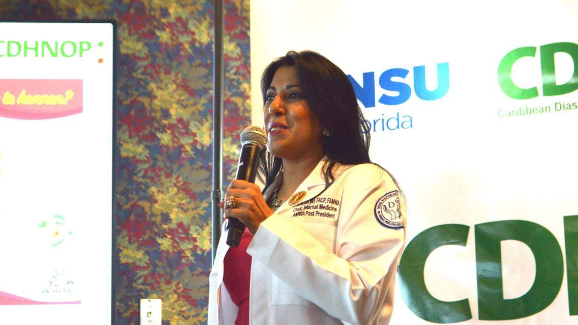 Dr. Farzanna Haffizulla, chair of the Department of Internal Medicine at the Patel College of Osteopathic Medicine of Nova Southeastern University, presents the Caribbean Diaspora Healthy Nutrition Outreach Project at the university’s campus in Davie on June 10, 2021. The project aims to educate Caribbean-American communities in South Florida and beyond about healthy eating to prevent diseases like heart conditions, high blood pressure and cancer.