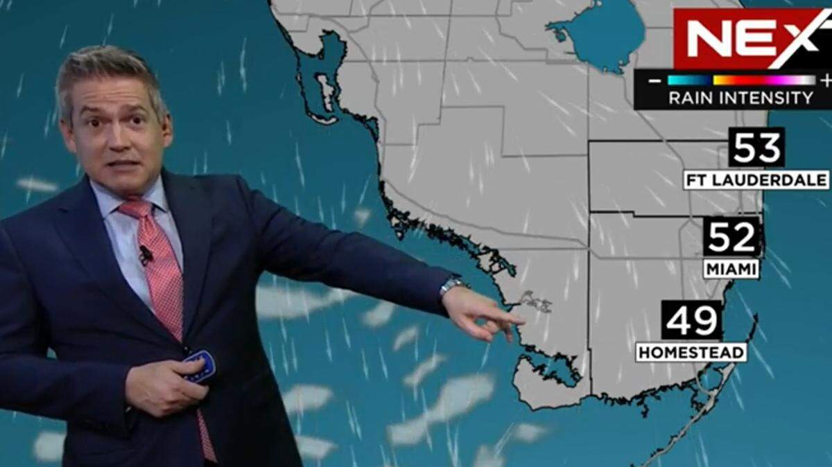 Screen grab from CBS Miami meteorologist Ivan Cabrera’s Feb. 10, 2023, forecast for South Florida. Cabrera predicts lows in the upper 40s for parts of South Florida on Monday morning, Feb. 13.
