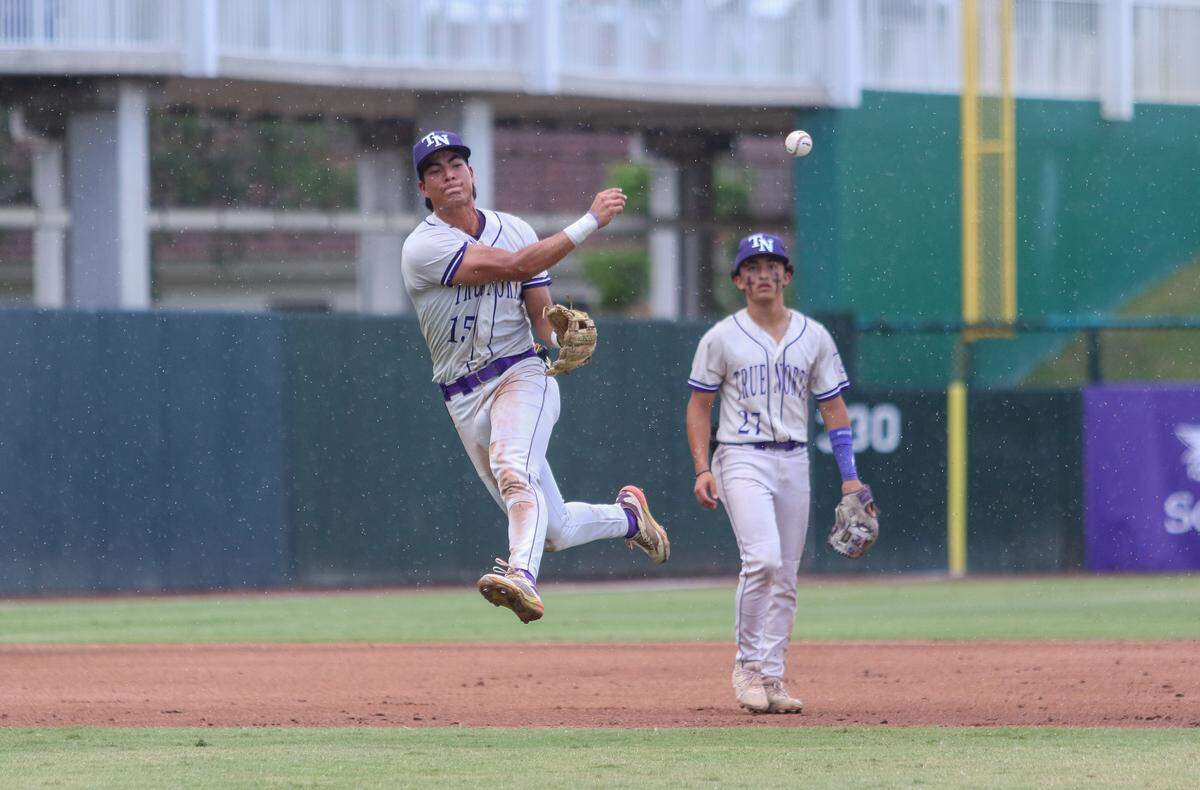 True North shortstop Matias Fisher makes a leaping throw to first during Monday’s Class 2A state baseball semifinal at Hammond Stadium in Fort Myers, Fla.