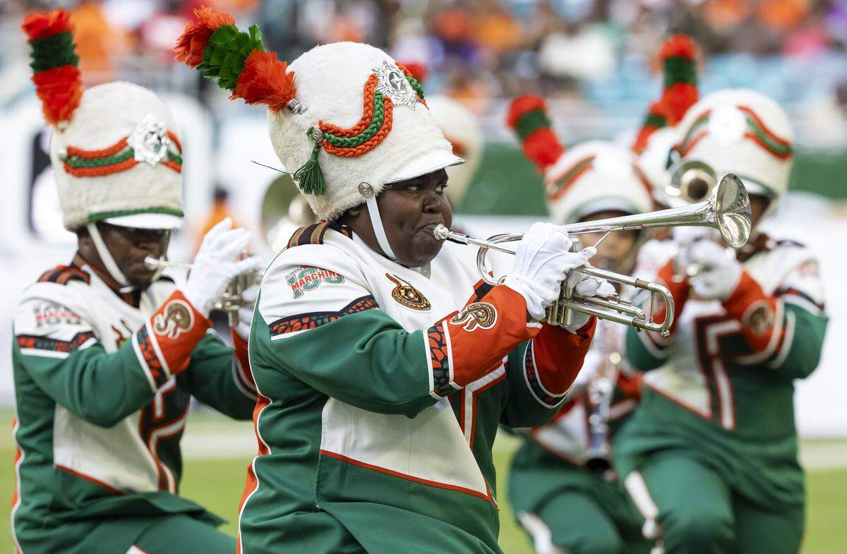The Marching 100 performs during the halftime of the Orange Blossom Classic football game between Howard Bison and Florida A&M Rattlers at Hard Rock Stadium on Saturday, Aug. 30, 2025, in Miami Gardens, Fla.