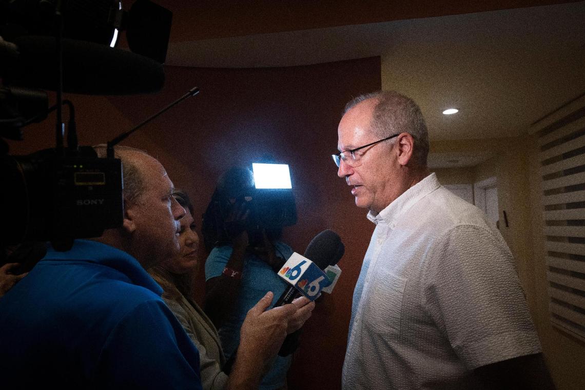 Outgoing Miami Beach Mayor Dan Gelber talks to the press during a watch party for newly elected Mayor Steven Meiner on Tuesday, Nov. 21, 2023.