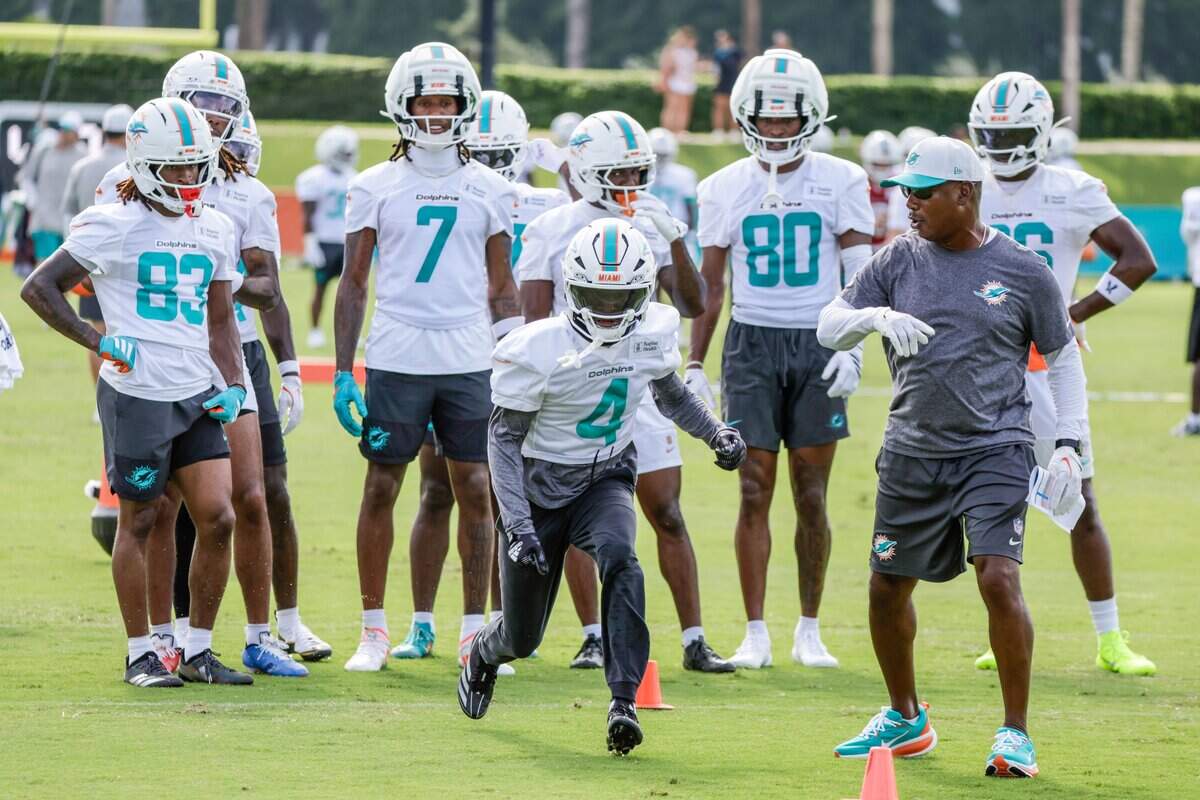Miami Dolphins wide receiver Tutu Atwell (4) during practice drills at the Miami Dolphins Training Camp in Miami Gardens, Florida, on Thursday, July 30, 2026.
