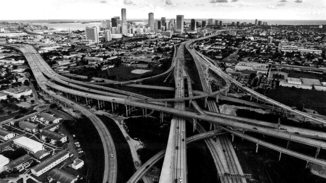 The spaghetti of roads at Interstate 95 at I-395 near Overtown and downtown Miami in 1993.