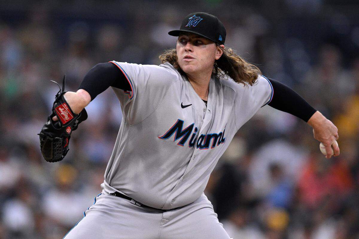 Aug 21, 2023; San Diego, California, USA; Miami Marlins starting pitcher Ryan Weathers (60) throws a pitch against the San Diego Padres during the first inning at Petco Park.