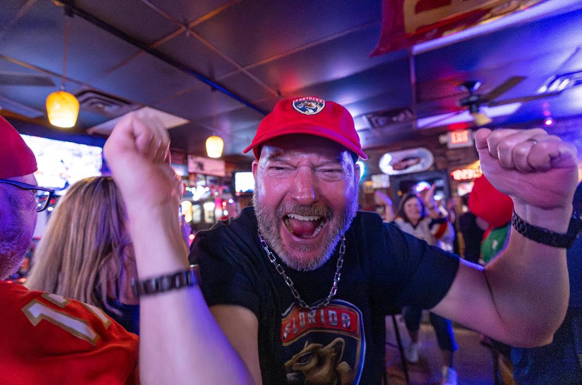 Florida Panthers fan John Metz cheers after his team scored against the Edmonton Oilers to win Game 2 of the NHL Stanley Cup Final at the Inn Field Bar & Grill on Friday, June 6, 2025, in Sunrise, Fla.