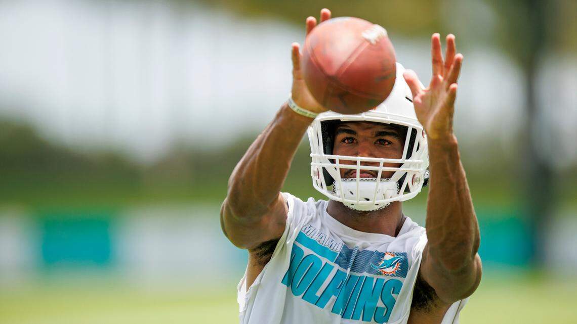 Miami Dolphins wide receiver Jaylen Waddle (17) do drills during NFL football training camp at Baptist Health Training Complex in Hard Rock Stadium on Thursday, July 28, 2022 in Miami Gardens, Florida.
