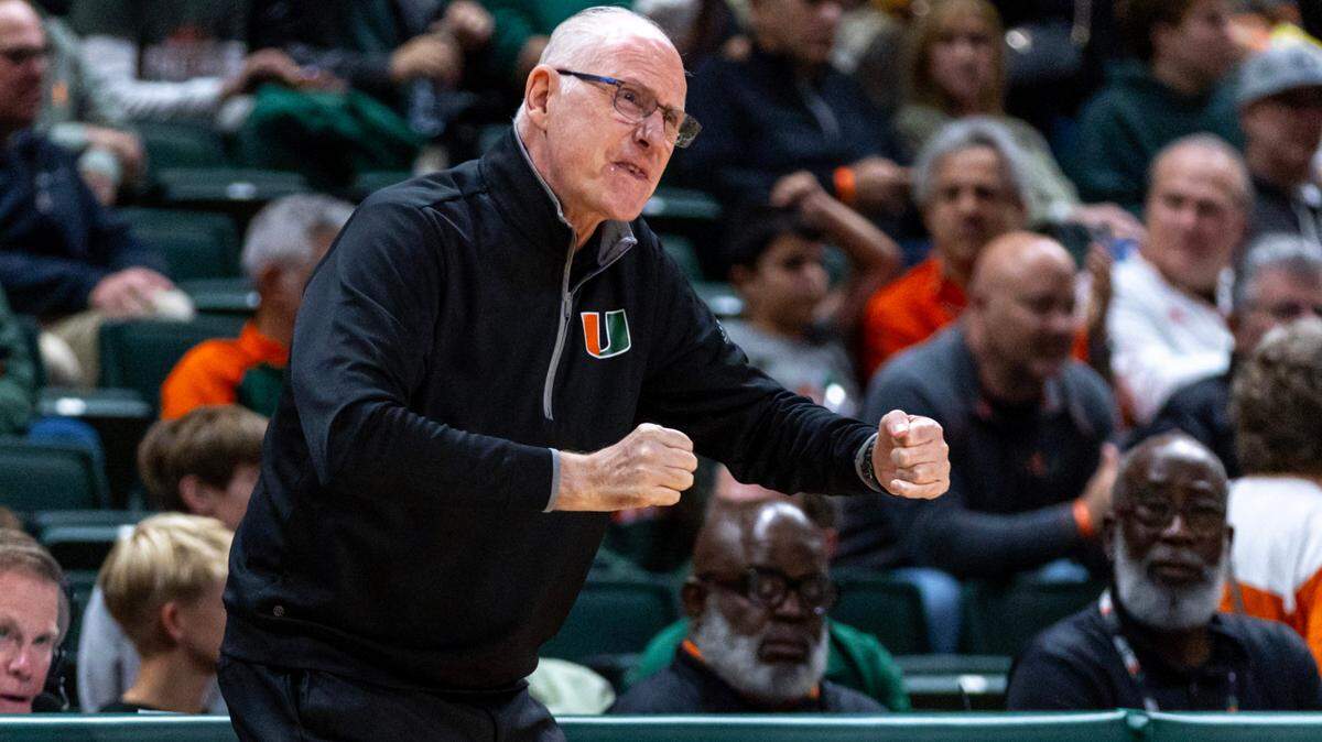 Miami Hurricanes Head Coach Jim Larrañaga reacts from the sidelines during an NCAA basketball game against the Clemson Tigers at the Watsco Center on Jan. 3, 2024. This season “has been far, far more difficult than I could possibly have imagined,” he said.
