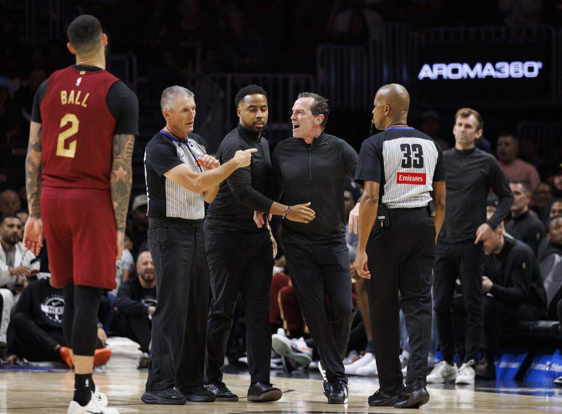 Cleveland Cavaliers coach Kenny Atkinson is ejected during the second half of a game against the Miami Heat on Nov. 10, 2025, at Kaseya Center in Miami.