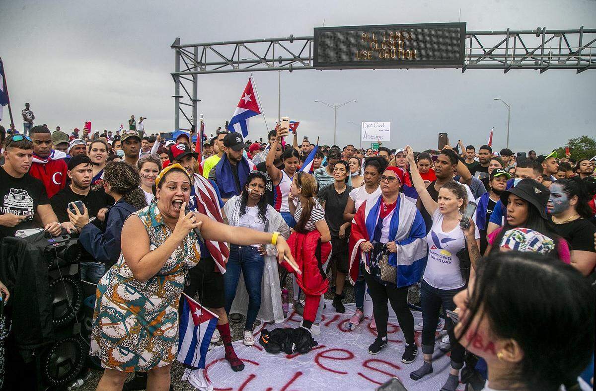 Cuban exiles blocked the Palmetto Expressway at Coral Way in support of protesters in Cuba as thousands of Cubans took to the streets in the island to complain about a lack of freedom and a worsening economic situation, on Tuesday 13, 2021.