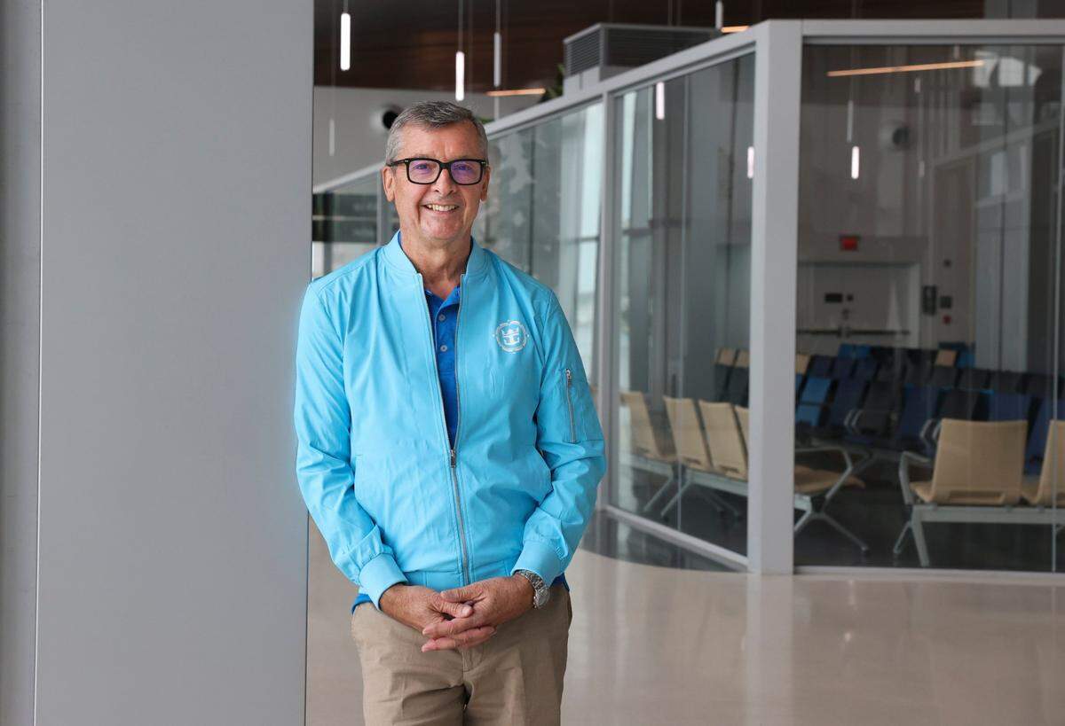 Michael Bayley, 64, CEO of Royal Caribbean International, shown here during a media gathering Oct. 18, 2022, joined the company in 1981.