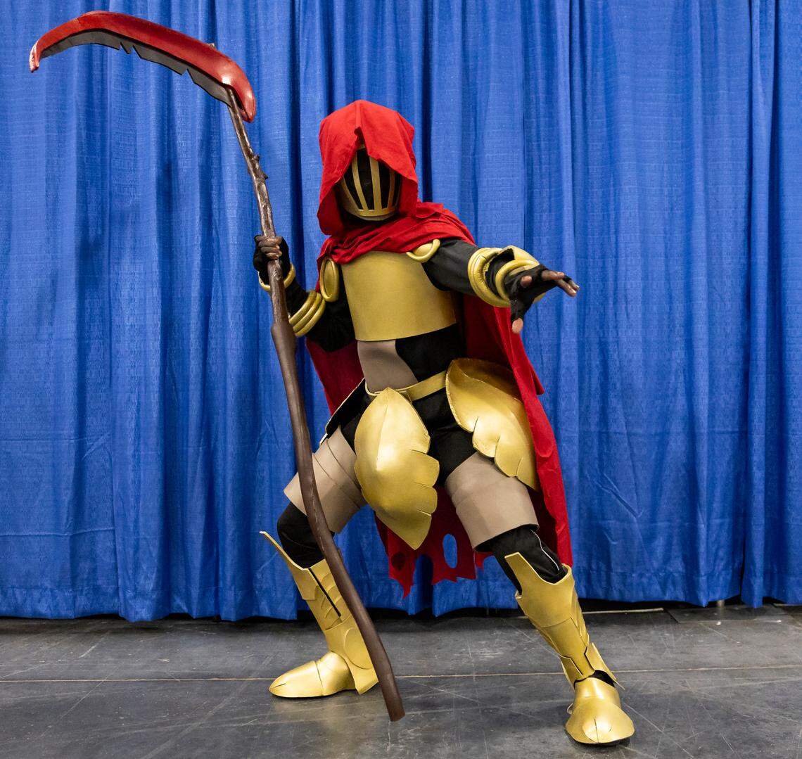 Jacob C., 36, cosplays as Spectre Knight from Shovel Knight during Florida Supercon 2024 at the Miami Beach Convention Center on Saturday, July 13, 2024, in Miami Beach, Fla.