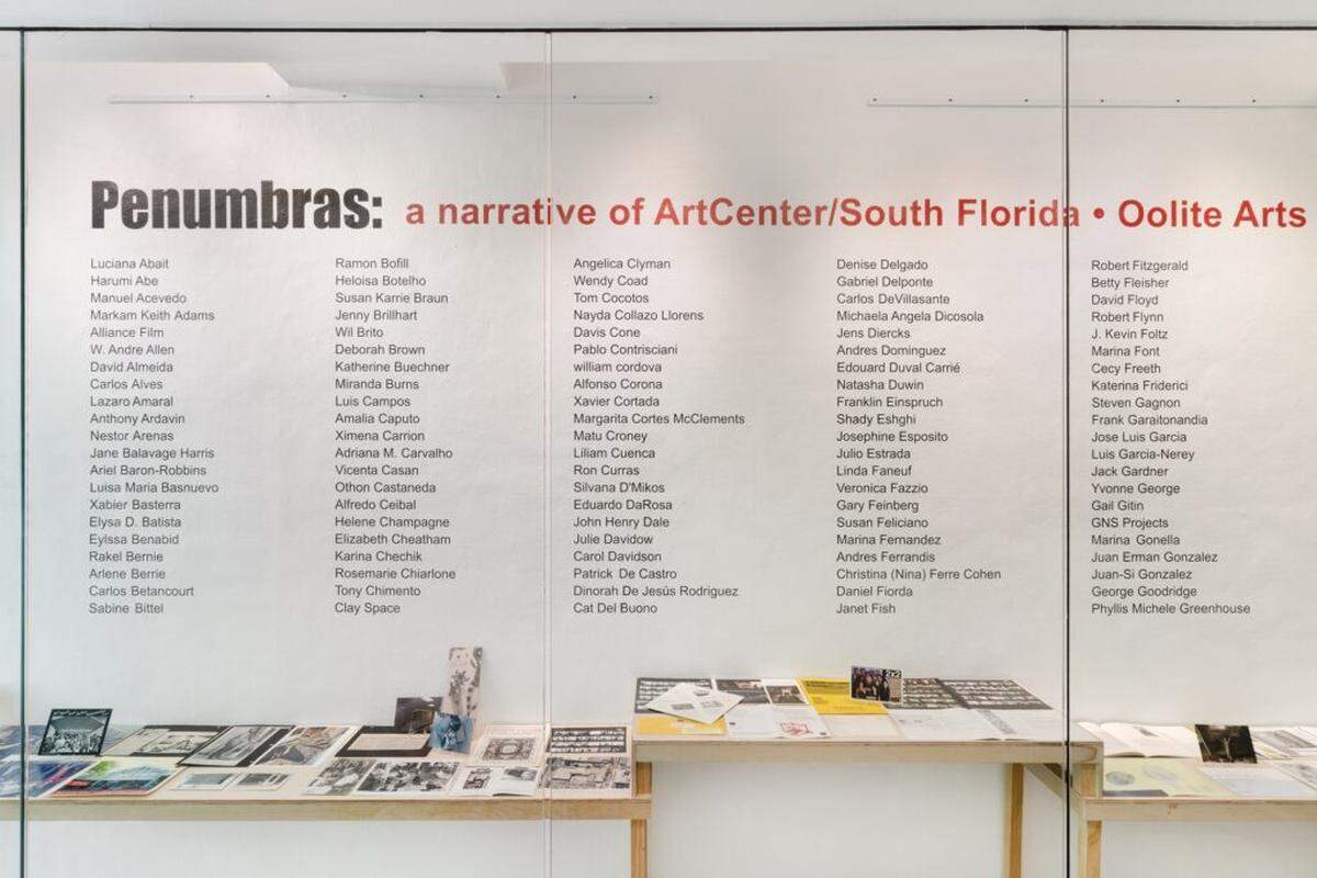 A wall lists all known artists who participated in ArtsCenter activities in the three decades covered in the show.