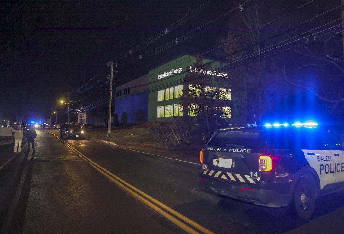 Police on scene at the Extra Space Storage facility in Salem, N.H., Thursday night, Dec. 18, 2025., where the Brown University shooting suspect was found dead.