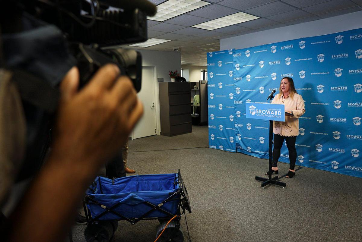 Chair Lori Alhadeff gives a briefing after a Broward Country School Board meeting on seminfinalist candidates for superintendent on Monday, May 22, 2023, in Fort Lauderdale.