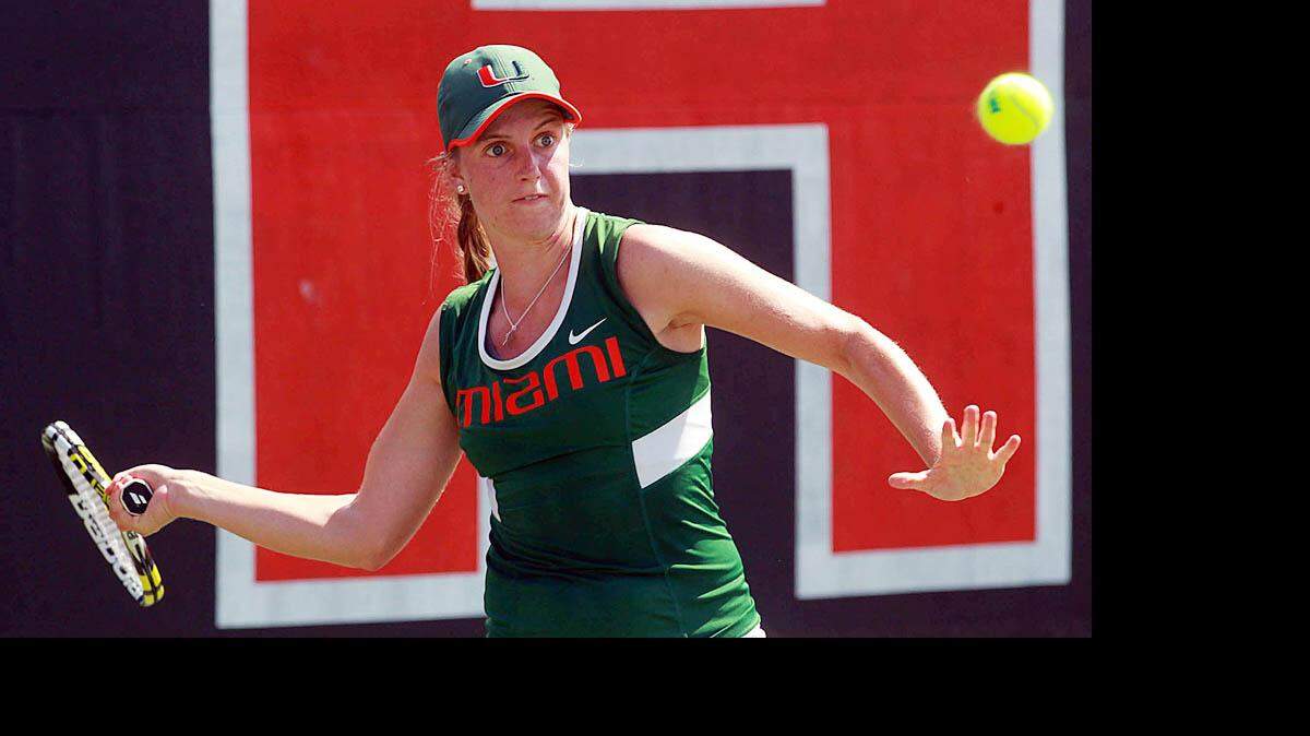 Sinead Lohan hits a return during UM's NCAA regional match against North Florida on Friday, May 8, 2015.