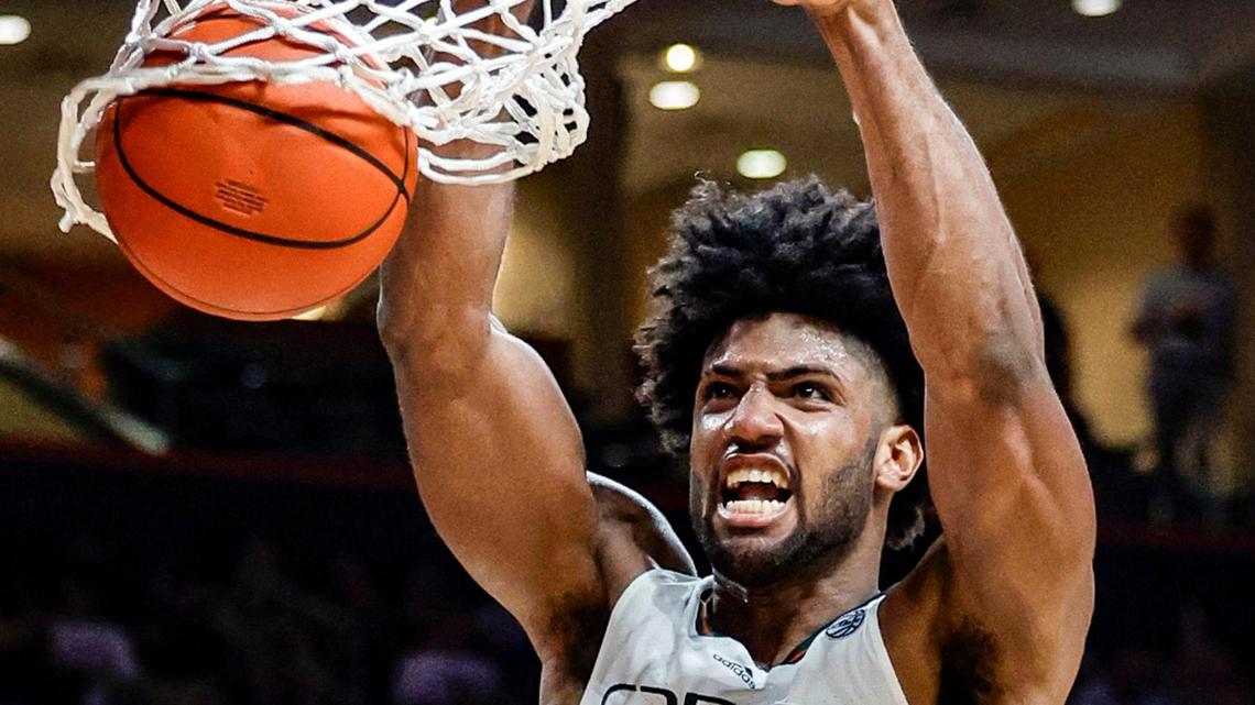 Miami Hurricanes forward Norchad Omier (15) dunks the ball against the Pittsburgh Panthers in the second half at the Watsco Center in Coral Gables, Florida on Saturday, January 27, 2024.
