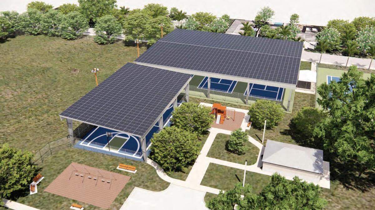 A rendering of the planned solar panels, which Broward County and contractor Advanced Green Technologies will install above the basketball courts at Reverend Samuel Delevoe Memorial Park.