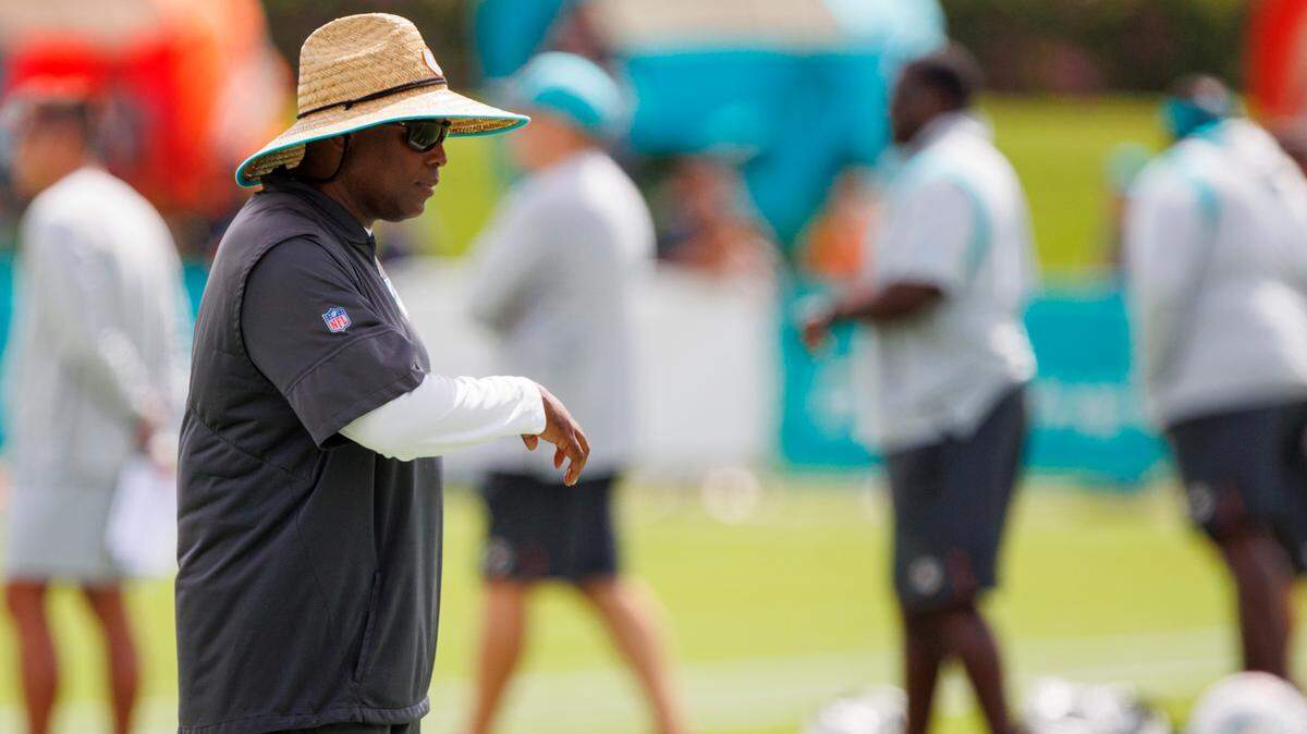 Miami Dolphins general manager Chris Grier looks on during NFL football training camp at Baptist Health Training Complex in Hard Rock Stadium on Tuesday, August 2, 2022 in Miami Gardens, Florida.