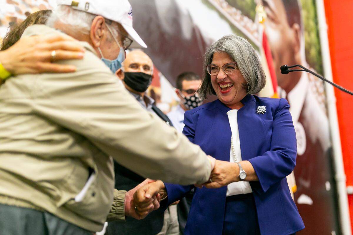 Daniella Levine Cava celebrates during her watch party in Miami, Florida after winning the Miami-Dade mayoral race against Esteban Bovo on Tuesday, Nov. 3, 2020.
