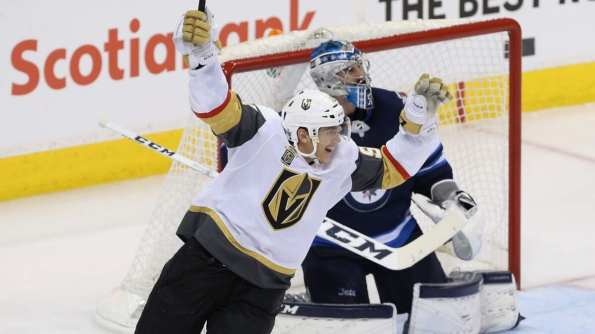 Tomas Nosek #92 of the Vegas Golden Knights celebrates a second period goal by Ryan Reaves (not pictured) against the Winnipeg Jets in Game Five of the Western Conference Finals during the 2018 NHL Stanley Cup Playoffs at Bell MTS Place on May 20, 2018, in Winnipeg, Canada.