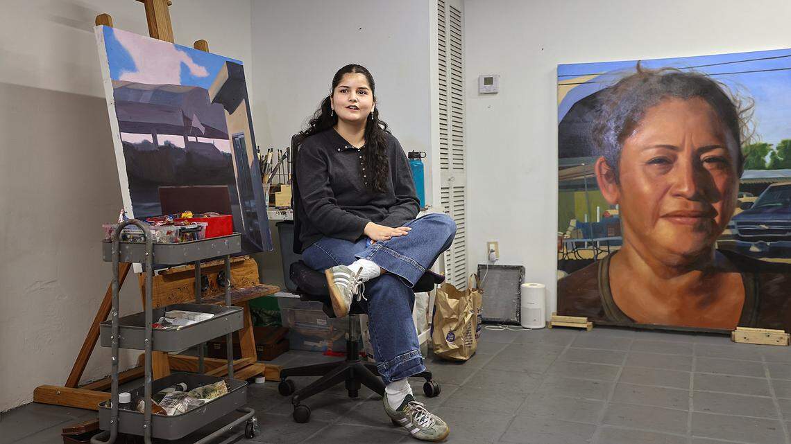 Resident artist Marie Franco describes her art practice while waiting for ICA cohorts during a tour of the Tunnel Projects, a multifaceted art space dedicated to supporting local artists on Saturday, April 11, 2026, in Little Havana, Miami, Florida.