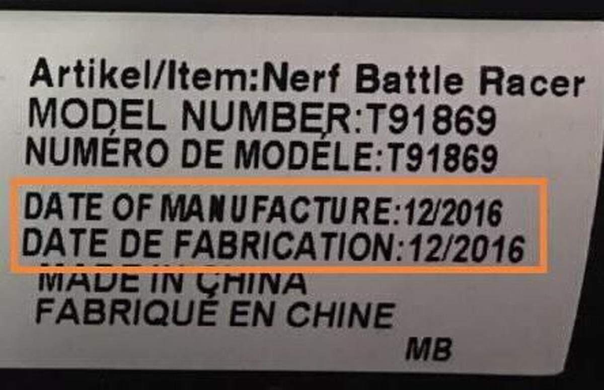 The manufacturing tag on the Nerf Battle Racer Go Kart