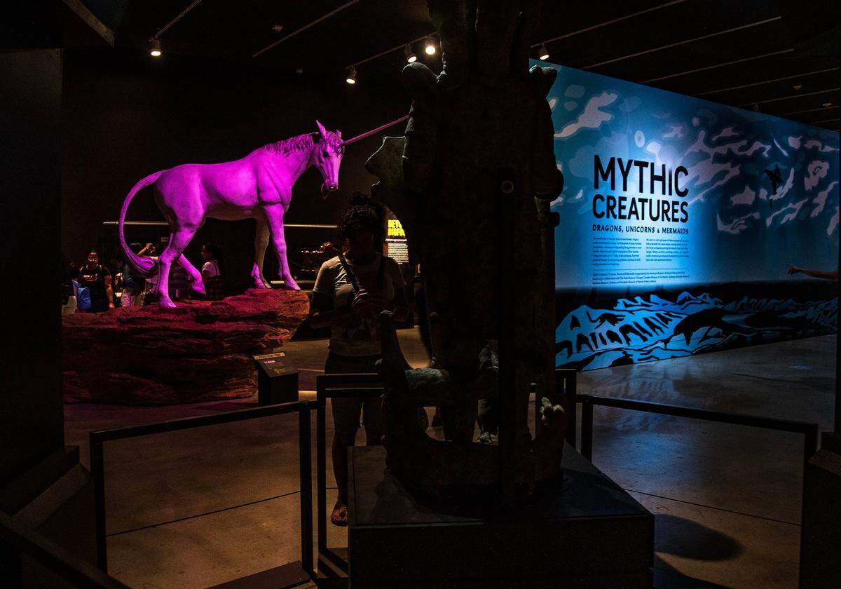 View of a 10-foot-long unicorn, at the entrance to the “Mythic Creatures: Dragons, Unicorns & Mermaids”, exhibition on display at the HistoryMiami Museum, The exhibition opening on July 8th, traces the natural and cultural roots of some of the world’s most enduring mythological creatures from Asia, Europe, the Americas, and beyond, and even how Miamians embrace their own mythic fantasies. Organized by theAmerican Museum of Natural History in New York, on Saturday, July 08, 2023.