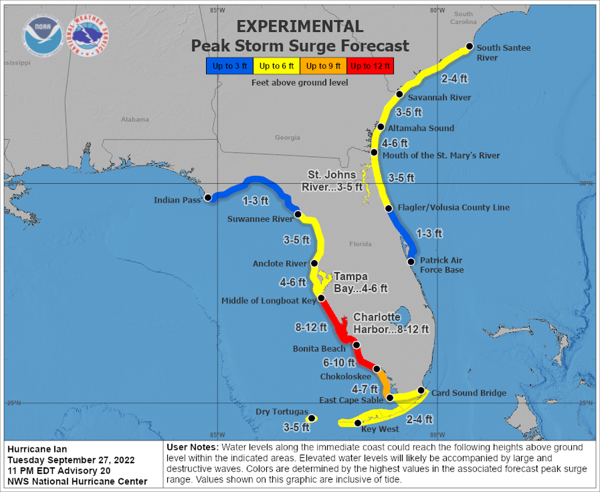 Map of peak storm surge forecast. Hurricane Ian is forecast to make landfall near Cape Coral, Florida as a major hurricane on Wednesday, Sept. 28, 2022, the National Hurricane Center said Tuesday in its 11 p.m. advisory.