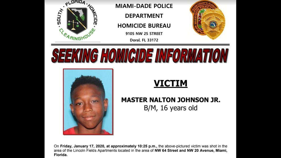 Miami-Dade police released a homicide information flyer to help find suspects in the shooting of 16-year-old Nalton Johnson Jr. on Jan. 17, 2020.