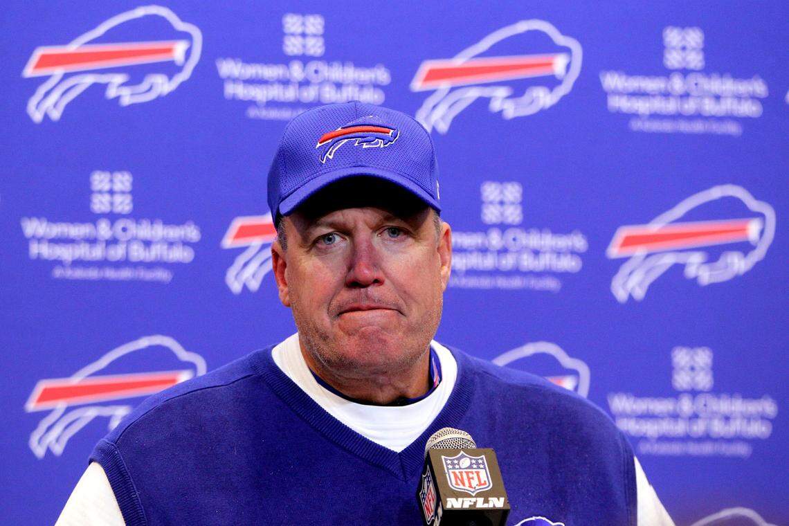 FILE - Buffalo Bills former head coach Rex Ryan is shown in this Dec. 11, 2016 file photo, in Orchard Park, N.Y. Ryan has been calling assistant coaches from his past to gauge their interest in joining him on his staff if he becomes the head coach in Miami.