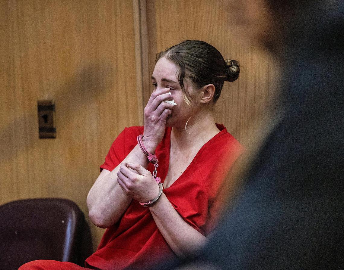 OnlyFans model Courtney Clenney reacts after Judge Laura Shearon Cruz’s decision to keep her in jail to await trial. She is accused of murdering her boyfriend Christian Obumsel last April 3 in Miami. The hearing was at the Richard E. Gerstein Justice Building in Miami on Thursday, Dec. 8, 2022.