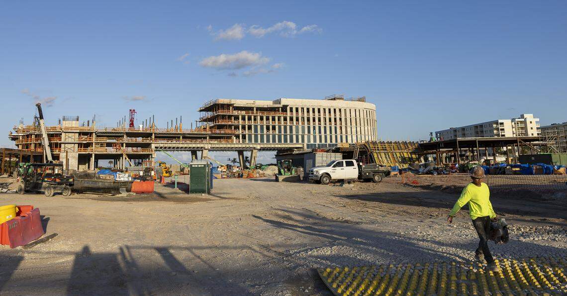 A construction worker is seen at the site of the large-scale luxury project, the Westin Cocoa Beach Resort & Spa, which is under development by Driftwood Capital on Thursday, Oct. 16, 2025, in Cocoa Beach, Fla.