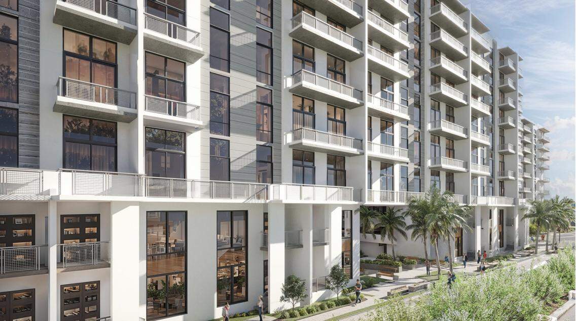 Coral Gables’ Behar Font Partners’ artistic rendering of the southeast view of a proposed 8.12-acre mixed use development for 3655 SW 22nd Street. That is where a Sears store has been located since 1959. The site plan was approved by Miami in April 2025. That doesn’t guarantee the project will move forward.