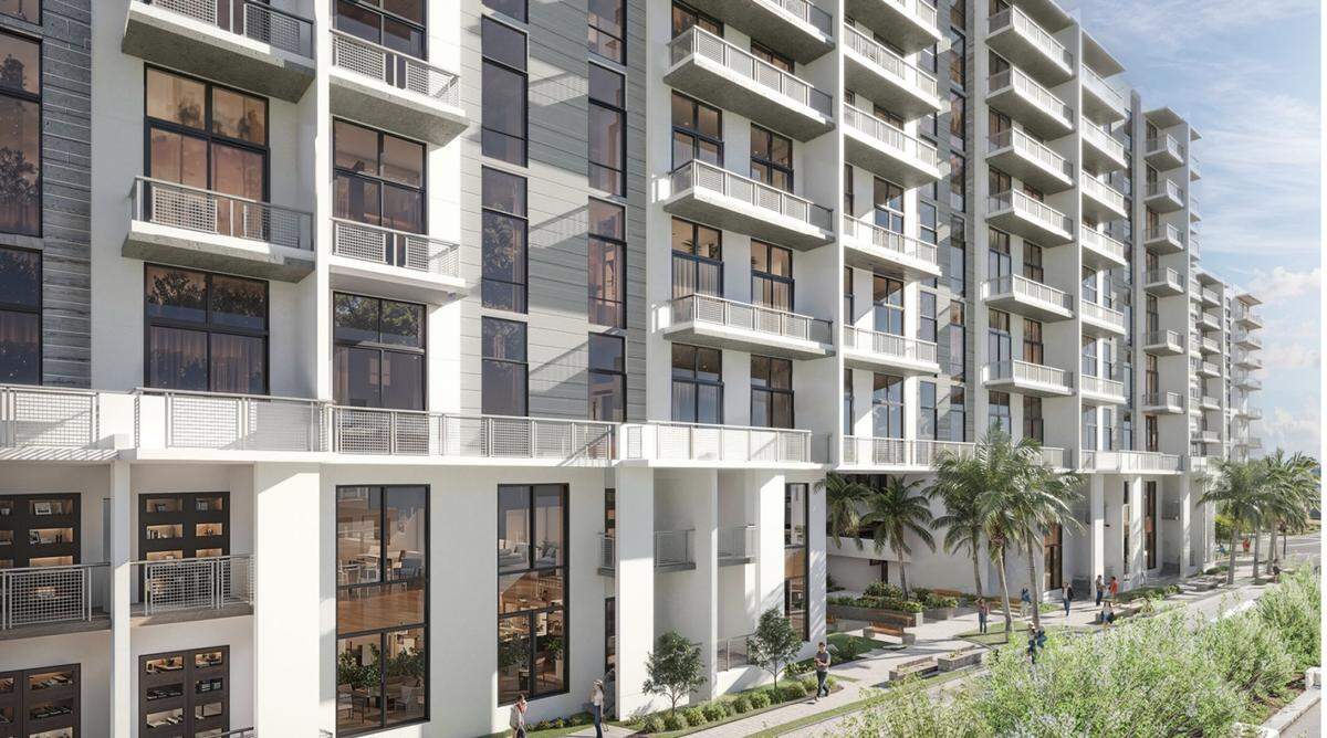 Coral Gables’ Behar Font Partners’ artistic rendering of the southeast view of a proposed 8.12-acre mixed use development for 3655 SW 22nd Street. That is where a Sears store has been located since 1959. The site plan was approved by Miami in April 2025. That doesn’t guarantee the project will move forward.