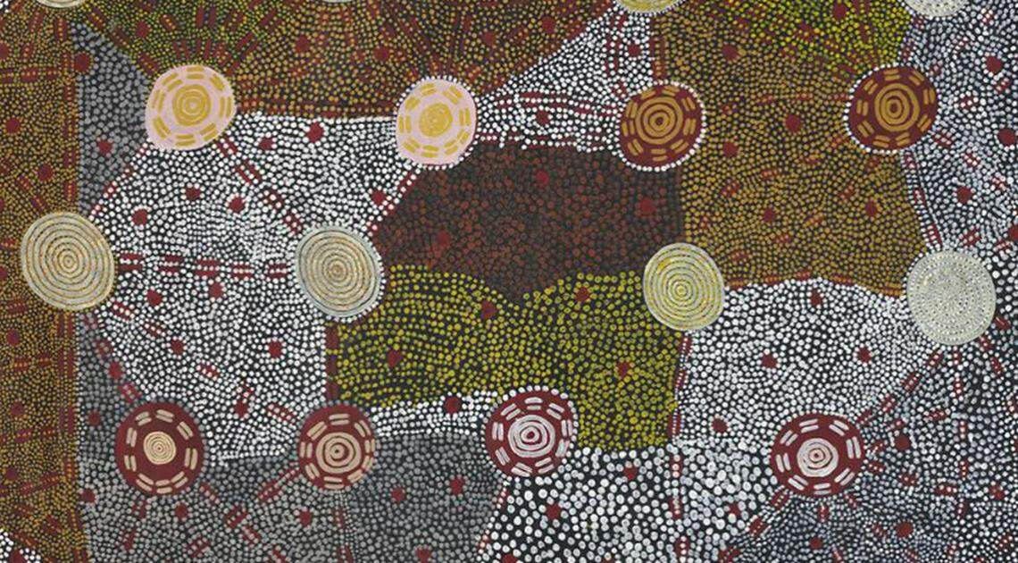 Painting titled ‘Watanuma,’ meaning “edible flying termites,” by Anmatyerre, Warlpiri and Arrernte man Kaapa Tjampitjinpa.