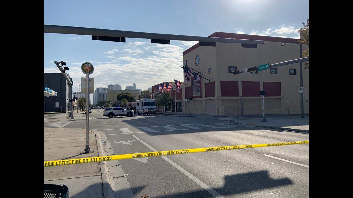 A block of Flagler Street is blocked off in front of a Lincoln-Marti School in Miami’s Little Havana neighborhood after a shooting investigated by Miami police