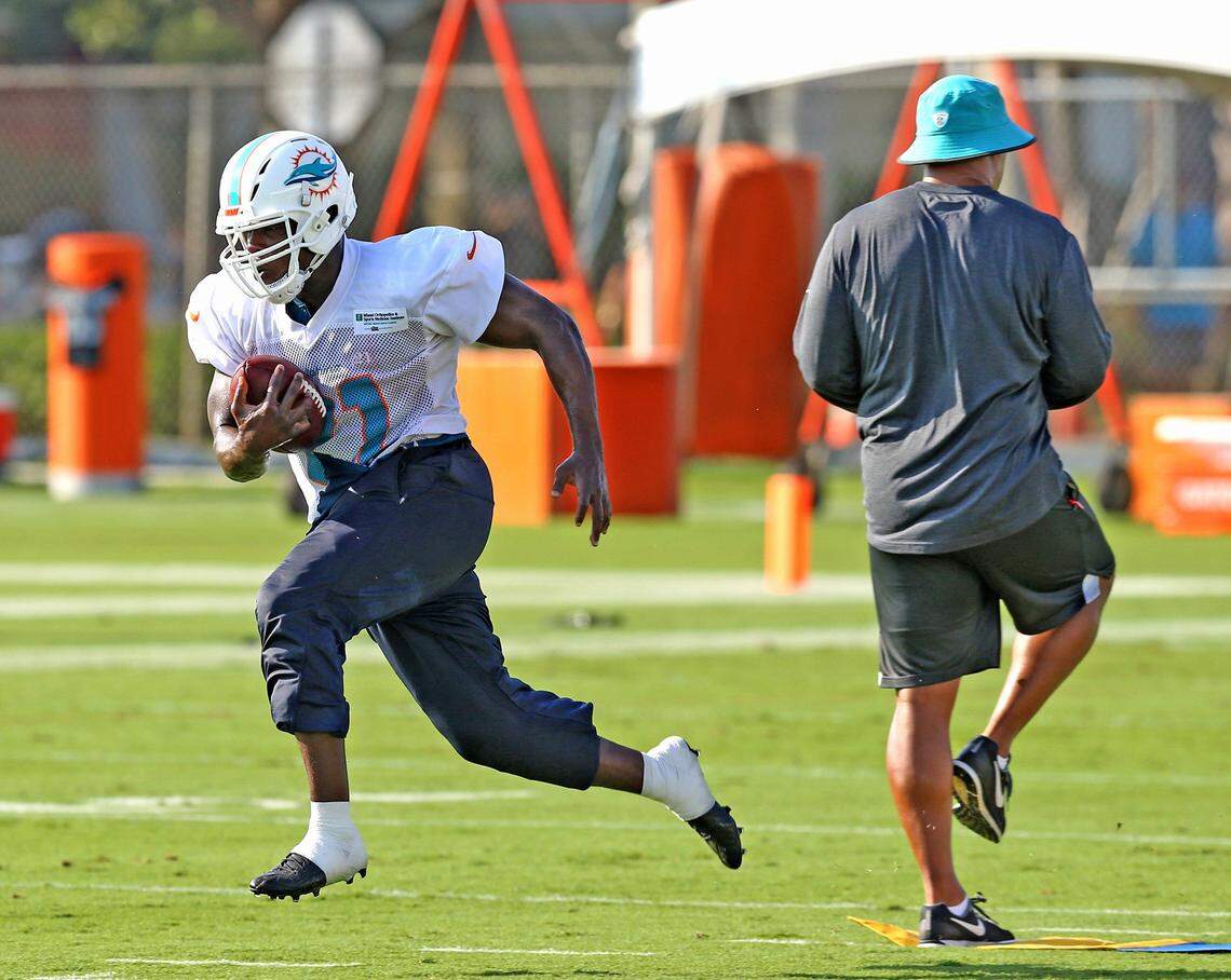 Miami Dolphins running back Frank Gore during the first day of training camp at  Miami Dolphins training facility in Davie, Florida, July 26, 2018. 