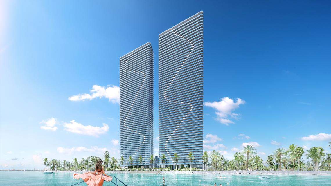 Condo buyers will have the option of Aria Reserve, the latest project by the Edgewater-based developer Melo Group. Above: A rendering of the 62-story twin towers.
