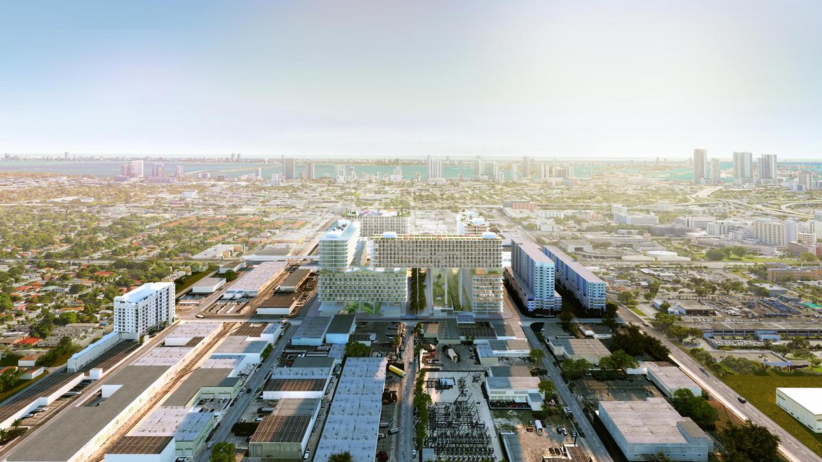 A rendering shows an aerial view of the planned Miami Produce residential and commercial project, at center, on the site of the Allapattah Produce Center.