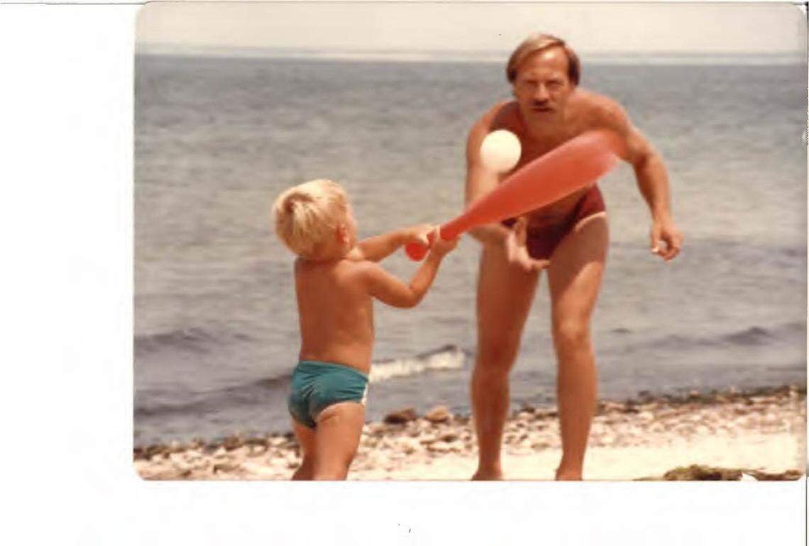 Tony Dokoupil, as a toddler, and his father Tony Dokoupil Sr. play baseball on the beach somewhere in Miami circa 1982-83. 