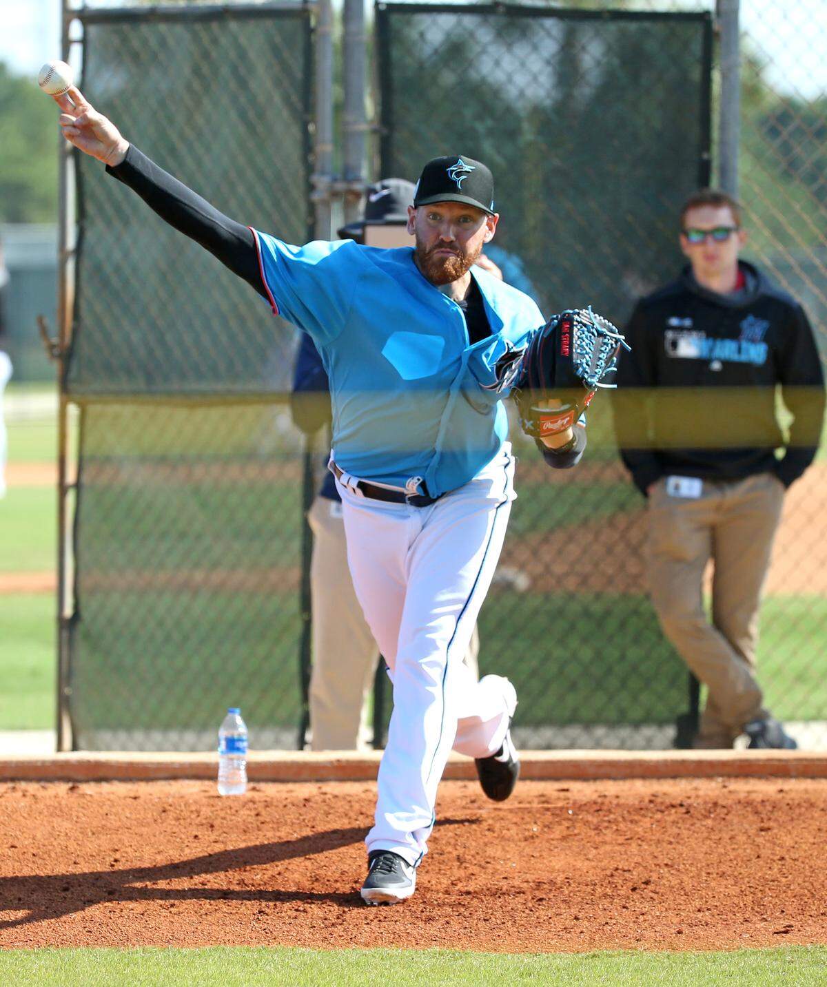 Miami Marlins pitcher Dan Straily pitches during practice before the start of a Major League Baseball spring training game against the New York Mets at the Roger Dean Chevrolet Stadium on Tuesday, March 5, 2019 in Jupiter, FL.