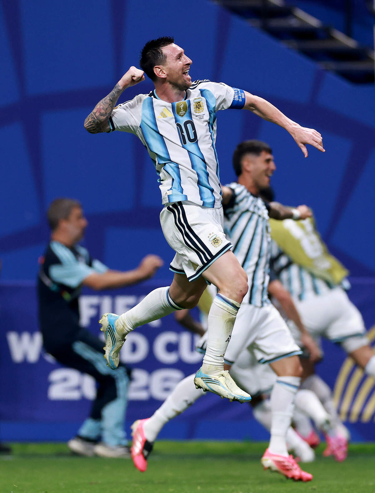 ATLANTA, GEORGIA - JULY 07: Lionel Messi #10 of Argentina celebrates the team's third goal scored by Enzo Fernandez #24 (not pictured) during the FIFA World Cup 2026 Round of 16 match between Argentina and Egypt at Atlanta Stadium on July 07, 2026 in Atlanta, Georgia.  (Photo by Elsa/Getty Images)