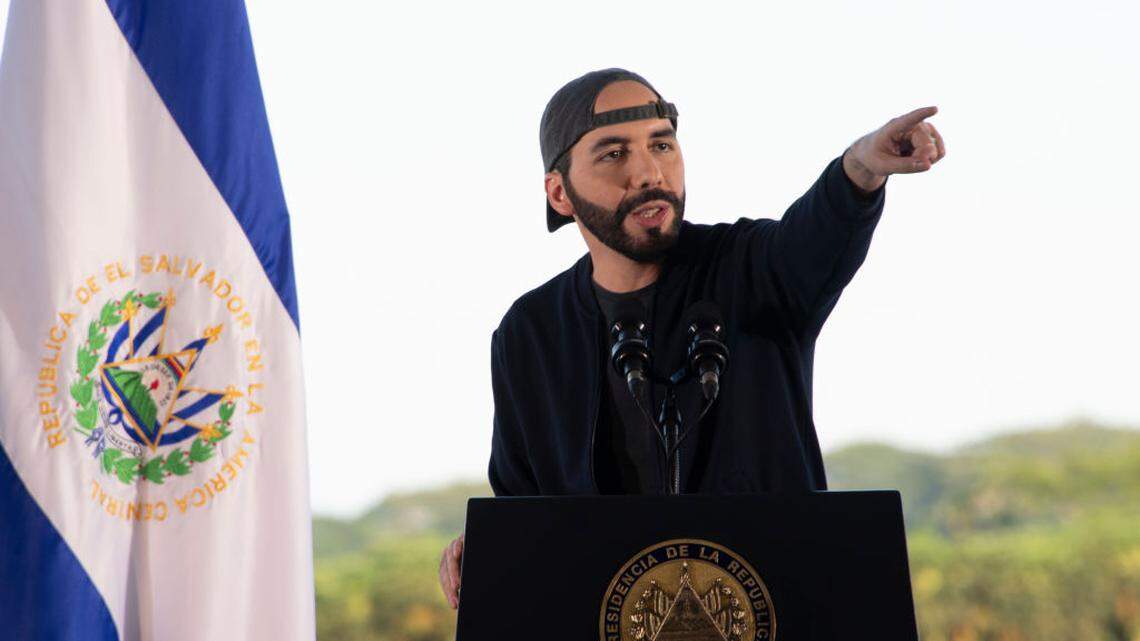 Salvadoran President delivers a speech at the start of a plan to combat a flying locust plague in 2020.